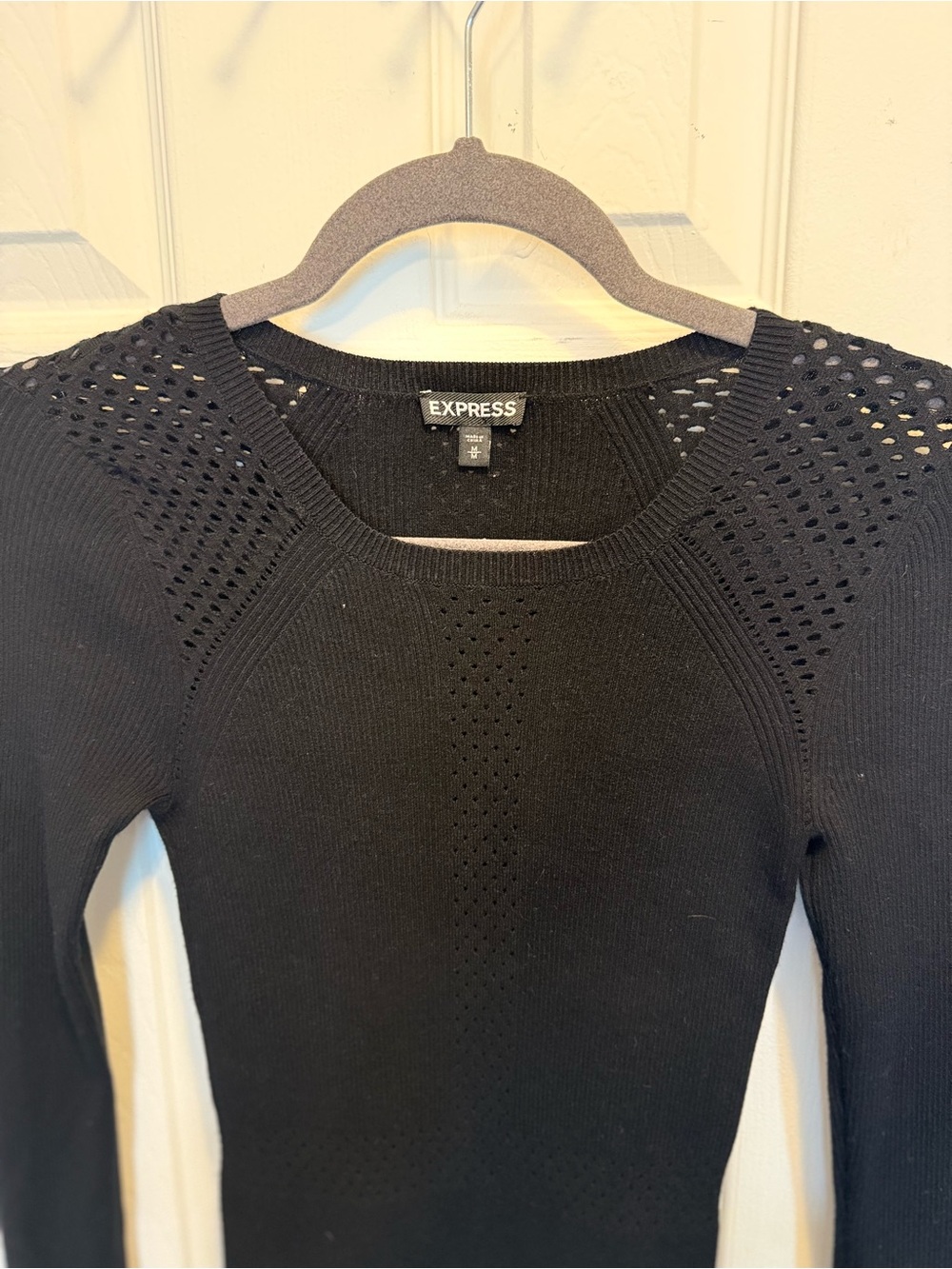 Express Med Black Open-Stitch Long Sleeve Sweater Dress Figure Flattering